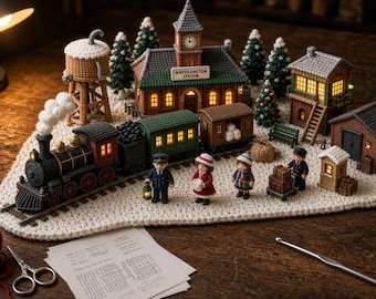 Puede incluir: Una escena de pueblo invernal tejida a ganchillo que incluye un tren de vapor, una estación con el letrero Winterjunction Station, una torre de agua, edificios pequeños, árboles de hoja perenne y cuatro figuras sobre una base blanca tejida.