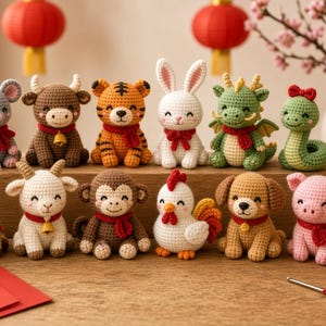 Puede incluir: Una colección de doce figuras de animales tejidas a ganchillo que representan el zodiaco chino, cada una con una pequeña bufanda roja. El conjunto incluye un ratón, buey, tigre, conejo, dragón, serpiente, caballo, cabra, mono, gallo, perro y cerdo, dispuestos sobre una superficie de madera.
