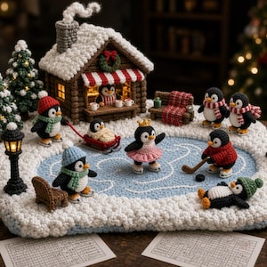 Può includere: Una scena invernale all'uncinetto con una baita, una pista di pattinaggio azzurra e diverse figure di pinguini. L'esposizione include due lampioni illuminati, due pini, una slitta rossa, una mazza da hockey e una piccola panchina in lana.