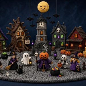 May include: A crochet Halloween village display featuring a central clock tower, a yellow moon, and various buildings including an inn. Characters include a pumpkin-headed figure, a ghost, a skeleton, witches, and a wizard, with black cats and pumpkins.