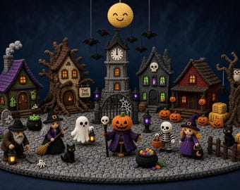 Op de afbeelding: Een gehaakt Halloween-dorp met een centrale klokkentoren, een gele maan en diverse gebouwen waaronder een herberg. De figuren omvatten een figuur met een pompoenhoofd, een geest, een skelet, heksen en een tovenaar, samen met zwarte katten.