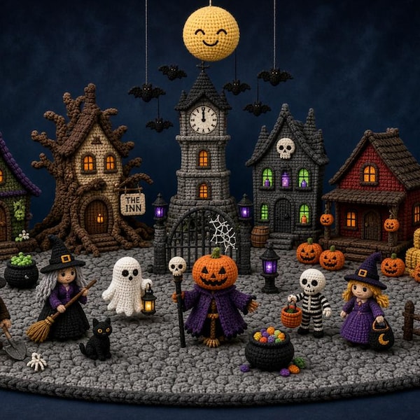 May include: A crochet Halloween village display featuring a central clock tower, a yellow moon, and various buildings including an inn. Characters include a pumpkin-headed figure, a ghost, a skeleton, witches, and a wizard, with black cats and pumpkins.