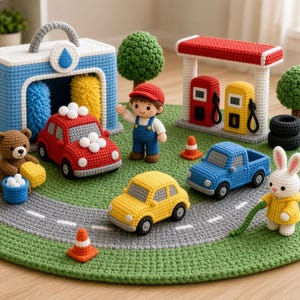 Könnte beinhalten: Ein Häkel-Spielset bestehend aus einer grünen runden Matte mit grauer Straße, einer blauen Autowaschanlage, einer roten Tankstelle, einem roten Auto, einem gelben Auto, einem blauen LKW, einem braunen Bären, einem Hasen, einer Figur, Bäumen, Verkehrskegeln und einem weißen Zaun.