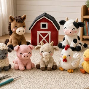 May include: A collection of seven crocheted farm animal toys including a brown horse, a black and white cow, a white sheep, a pink pig, a tan goat, a white chicken, and a yellow duck, arranged in front of a red and black crocheted barn.