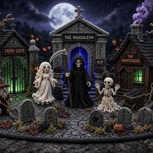 May include: A crochet Halloween graveyard scene featuring a mausoleum with a grim reaper, a ghost, a skeleton, and a gravedigger. The set includes tombstones, a house labeled THE GRAVEDIGGER, an IRON GATE, pumpkins, a black cat, and bare trees.