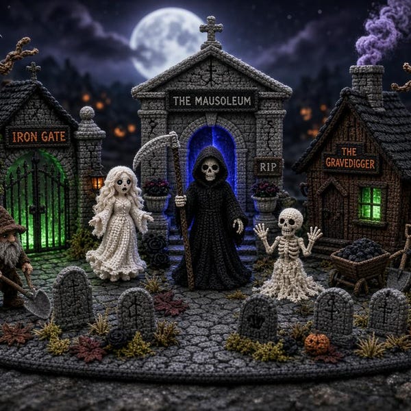 May include: A crochet Halloween graveyard scene featuring a mausoleum with a grim reaper, a ghost, a skeleton, and a gravedigger. The set includes tombstones, a house labeled THE GRAVEDIGGER, an IRON GATE, pumpkins, a black cat, and bare trees.
