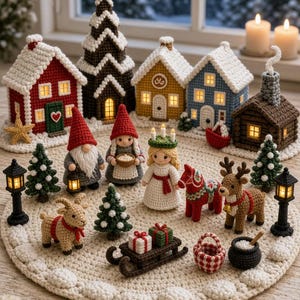 Puede incluir: Un conjunto de decoraciones navideñas de ganchillo que incluye un pueblo de casitas, una iglesia alta, dos gnomos, una figura con corona de velas, un reno, una cabra, un trineo con regalos, pequeños pinos y dos farolas negras.