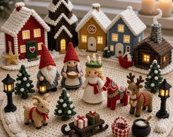 May include: A collection of crocheted Christmas decorations featuring a village of small houses, a tall church, two gnomes, a figure with a candle crown, a reindeer, a goat, a sled with gifts, small pine trees, and two black street lamps.