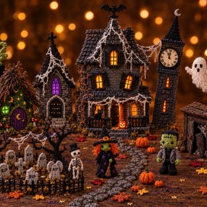 May include: A crochet Halloween village set featuring a dark house, a clock tower, a small cottage, a graveyard with tombstones, a skeleton, a witch, a Frankenstein-style monster, a ghost, and pumpkins, all arranged on a surface with autumn leaves.