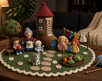 May include: A crochet playset featuring a brown boot-shaped house, an apple tree, a bench, and several figures including an elderly person, children, and a cat. A clothesline with miniature garments, a garden patch, and a path are on a green mat.