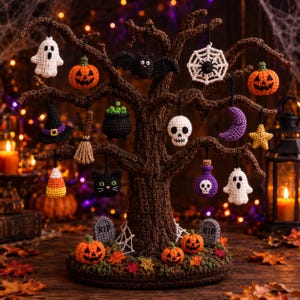 May include: A brown crocheted tree display featuring various hanging Halloween ornaments including ghosts, pumpkins, a bat, a spider web, a skull, a witch hat, a broom, a cauldron, a crescent moon, a star, and a potion bottle, with tombstones at the base.