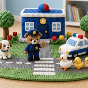 May include: A crochet playset featuring a blue police station, a bear in a police uniform, a white and brown puppy, a white and blue police car, a traffic light, two green trees, and a mother duck with three yellow ducklings on a green mat.