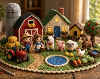 May include: A crochet farm playset featuring a red barn, a house with lit windows, a silo, and a green base. The set includes figures of a child in overalls, a child in a blue dress, a cow, a pig, a sheep, a horse, a chicken, two chicks, and a tractor.