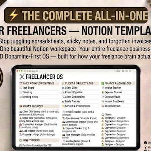 Könnte beinhalten: Eine digitale Notion-Vorlage für Freiberufler auf einem Tablet-Bildschirm. Der Text lautet: THE COMPLETE ALL-IN-ONE FOR FREELANCERS — NOTION TEMPLATE. Es enthält über 15 Datenbanken, tägliche Workflow-Systeme sowie Kunden-, Projekt- und Finanzprotokolle.