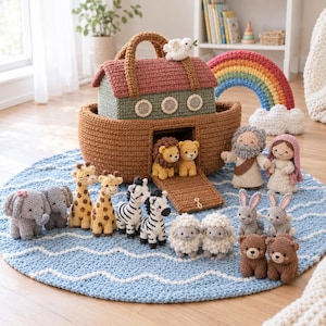 Può includere: Un set da gioco Arca di Noè all'uncinetto con una barca marrone dal tetto rosso, un arcobaleno e varie coppie di animali di peluche, tra cui elefanti, giraffe, zebre, pecore, conigli, orsi, leoni e due figure umane su un tappeto blu ondulato.