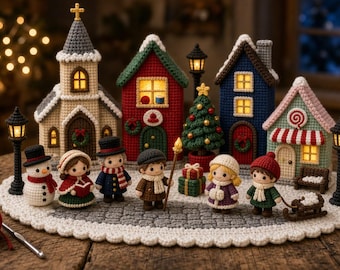 May include: A crochet Christmas village display featuring a church, three houses, and a shop with illuminated windows. Six small crocheted figures stand on a cobblestone base alongside a decorated tree, wrapped gifts, and a small wooden sled.