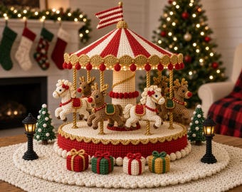May include: A crocheted carousel centerpiece featuring a red and white striped canopy, gold trim, and alternating figures of white horses and brown reindeer. The base is decorated with four small gift boxes and two miniature black street lamps.