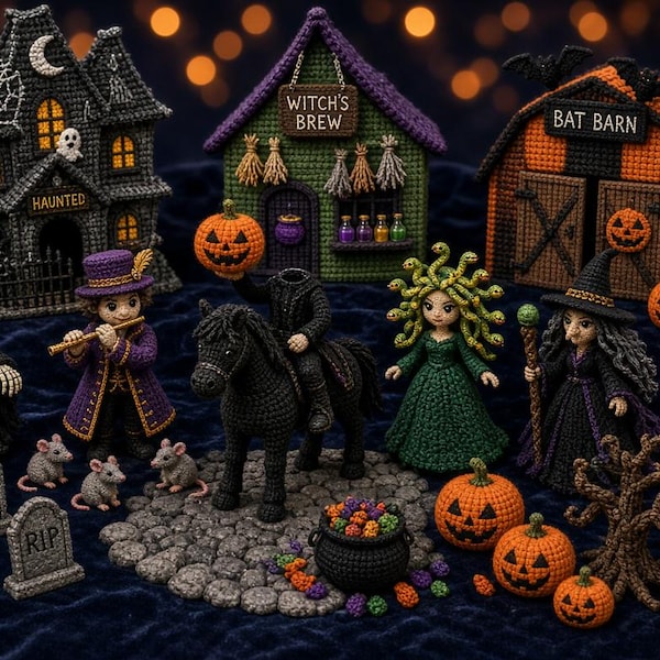 May include: A collection of crocheted Halloween figures including a haunted house, a Witch's Brew shop, a Bat Barn, a headless horseman on a black horse, a grim reaper, a Medusa figure, a witch, pumpkins, tombstones, mice, and street lamps.