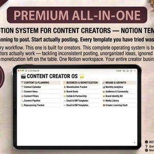 May include: A digital tablet displaying a Notion template titled Content Creator OS. The interface features three columns: Content & Planning, Business & Monetization, and Brand & Growth, with various sub-categories listed under each section.