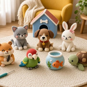 May include: A collection of seven crocheted amigurumi figures including a gray cat, a brown dog with a red collar, a white rabbit, a tan hamster holding a seed, a green parrot, a blue fishbowl with an orange fish, and a turtle.