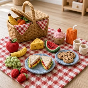 Op de afbeelding: Een gehaakte picknickset met een gevlochten mand met een rood-wit geblokte doek, met daarin een banaan en wortels. De set bevat een rode appel, een gele banaan, groene druiven, aardbeien, kaas, watermeloen, een sandwich, koekjes, een cupcake en sap.