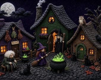 Op de afbeelding: Een gehaakt diorama met drie huisjes in paars, groen en bruin met verlichte ramen, twee heksenfiguren, een borrelende groene ketel, zwarte katten, een uil en een raaf onder een volle maan tegen een donkere achtergrond.