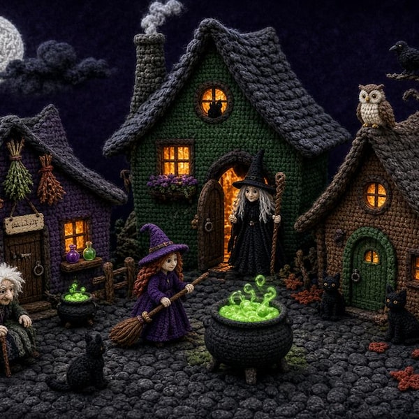 May include: A crochet diorama featuring three houses in purple, green, and brown with glowing windows, two witch figures, a bubbling green cauldron, black cats, an owl, and a raven under a full moon against a dark textured background.