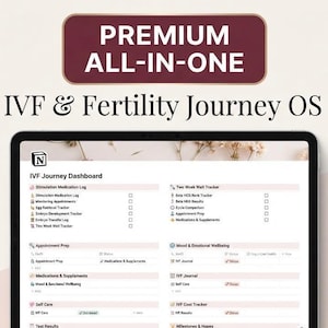 Op de afbeelding: Een digitaal Notion-sjabloon getiteld Premium All-In-One IVF & Fertility Journey OS weergegeven op een tabletscherm. Het dashboard bevat secties voor medicatielogboeken, afspraakvoorbereiding en kostenregistratie in 20 databases.