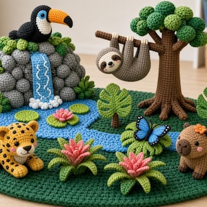 Op de afbeelding: Een gehaakte jungle-speelmat met een toekan op een rotsachtige waterval, een luiaard in een boom, een luipaard, een capibara, een blauwe vlinder en diverse tropische planten. Het tafereel is gemaakt van garen in tinten groen, bruin en blauw.