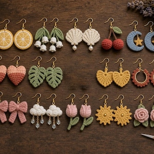 May include: A collection of various crocheted earrings featuring diverse shapes including citrus slices, lily of the valley, seashells, cherries, moons with stars, hearts, monstera leaves, bows, clouds with rain, tulips, sunflowers, and roses.