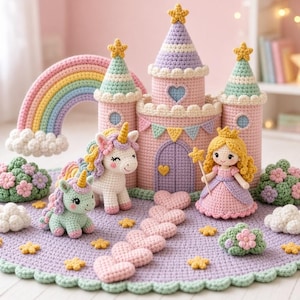 Può includere: Un set da gioco all'uncinetto con un castello rosa a tre torri, un arcobaleno, un unicorno, un unicorno più piccolo e una bambola con una bacchetta a stella. Il set poggia su un tappetino rotondo color lavanda decorato con cuori e fiori.