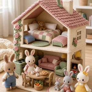 Puede incluir: Una casa de muñecas de ganchillo de dos pisos con techo rosa y asa, que incluye habitaciones amuebladas con camas en miniatura, sofá, sillas, mesa y chimenea. Varias figuras de conejos de ganchillo con diversos atuendos están cerca.