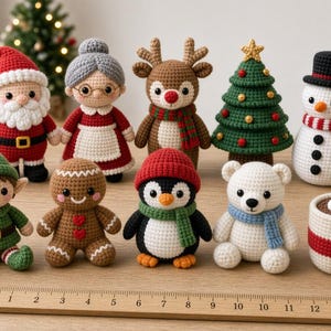 May include: A collection of nine crocheted Christmas-themed figures including Santa, Mrs. Claus, a reindeer, a tree, a snowman, an elf, a gingerbread person, a penguin, and a polar bear, plus a mug, arranged behind a 15-inch wooden ruler.