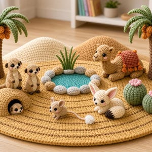 Puede incluir: Un set de juego de ganchillo con temática de desierto que incluye una base circular color canela, dos palmeras, dos suricatas, una madriguera, un camello con silla de montar, un fénec, un ratón, dos cactus con flores rosas y un estanque.