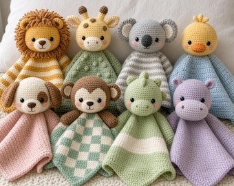 May include: A collection of eight crochet security blankets featuring stuffed animal heads including a lion, giraffe, koala, duck, dog, monkey, dinosaur, and hippo. Each plush toy is attached to a soft, textured blanket in various colours and patterns.
