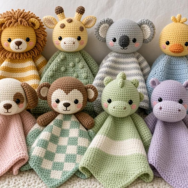 May include: A collection of eight crochet security blankets featuring stuffed animal heads including a lion, giraffe, koala, duck, dog, monkey, dinosaur, and hippo. Each plush toy is attached to a soft, textured blanket in various colors and patterns.