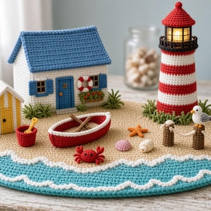 Könnte beinhalten: Eine gehäkelte Küstenszene mit einem weißen Haus mit blauem Dach, einem rot-weiß gestreiften Leuchtturm mit leuchtendem Licht, einer gelben Strandhütte, einem roten Ruderboot, einer roten Krabbe, zwei Möwen und Muscheln auf einer Sandbasis.