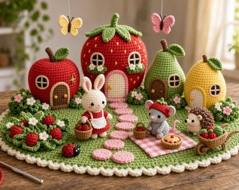 May include: A crochet playset featuring a large red strawberry house, a red apple house, a green pear house, and a yellow lemon house. A white rabbit, a grey mouse, and a brown hedgehog are on a green base with a pink path and butterflies.
