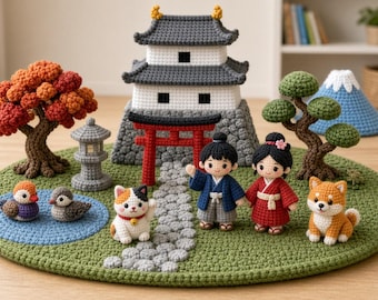 May include: A crochet playset featuring a Japanese castle, a red torii gate, two dolls in traditional attire, a calico cat, a shiba inu, two ducks in a blue pond, a stone lantern, a maple tree, a pine tree, and a mountain on a green base.