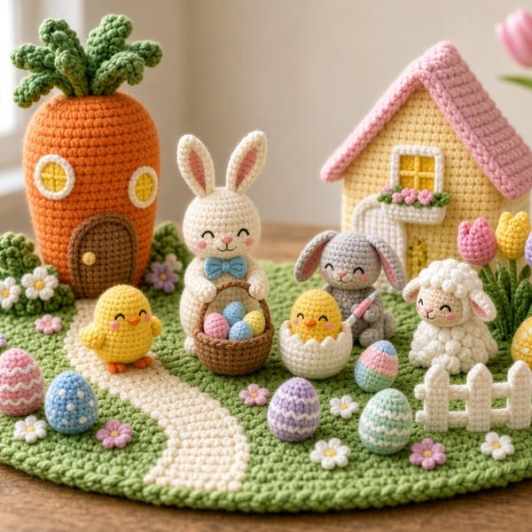 May include: A crochet Easter scene featuring a carrot-shaped house, a white bunny holding a basket of eggs, a gray bunny, a yellow chick in a shell, a white lamb, and colorful eggs on a green base with a white fence and small flowers.
