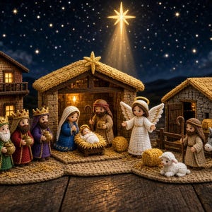 May include: A crochet nativity scene featuring figures of the holy family, three kings, an angel, a shepherd, a donkey, and a lamb. The set includes two small buildings, one with a sign reading NO ROOM, all illuminated under a bright star.