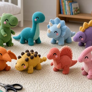 May include: A collection of eight crocheted dinosaur toys in various colors including green, blue, orange, yellow, pink, and purple. Each stuffed animal features a stitched face with closed eyes and pink cheeks, arranged on a textured surface.