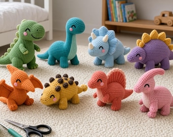 Beginner Crochet Dinosaur Pattern Bundle, 8 Amigurumi Dinosaurs (PDF Download)