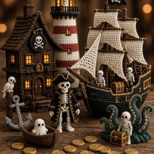 Puede incluir: Una colección de artículos de ganchillo con temática pirata que incluye una casa marrón oscuro con un emblema de calavera, un faro rojo y blanco, un barco negro con velas blancas, una figura de esqueleto, un pequeño bote con un fantasma y monedas doradas.