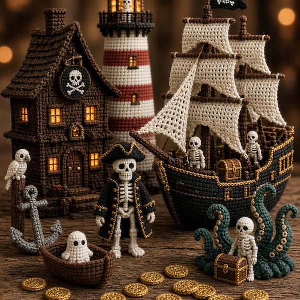 May include: A collection of crocheted pirate-themed items including a dark brown house with a skull emblem, a red and white lighthouse, a black ship with white sails, a skeleton figure, a small boat with a ghost, and gold-colored coins.