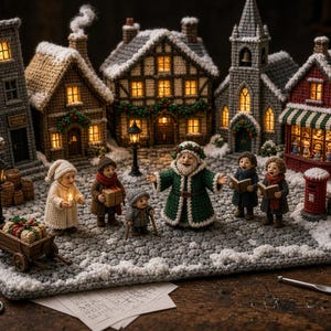May include: A crochet winter village scene featuring several illuminated buildings, a central figure in a green coat, and smaller figures holding gifts and books. The display includes a small wooden cart, street lamps, and snow-covered ground.