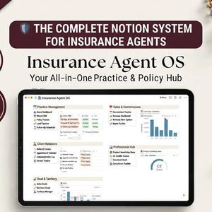 May include: A digital tablet displaying the Insurance Agent OS Notion system, featuring sections for practice management, client relations, sales, and commissions. The screen shows various trackers, charts, and dashboards for insurance professionals.