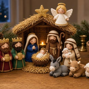 May include: A crochet nativity set featuring figures of the three kings, Mary, Joseph, baby Jesus in a manger, an angel, a donkey, a cow, and two sheep. The scene is housed in a small wooden stable structure topped with a yellow star.
