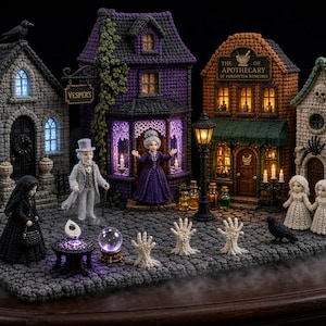 Può includere: Un dettagliato diorama all'uncinetto con quattro edifici illuminati, tra cui un negozio viola con l'insegna Vesper's e una farmacia arancione. La scena include diverse figure all'uncinetto, una sfera di cristallo, un corvo nero e mani scheletriche.