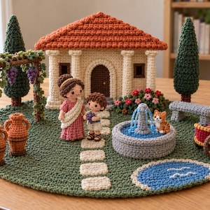 May include: A crochet diorama featuring a beige building with a terracotta roof, two figures in ancient-style clothing, a stone-look fountain with blue water, a small orange tabby cat, two terracotta-coloured amphorae, and green trees.